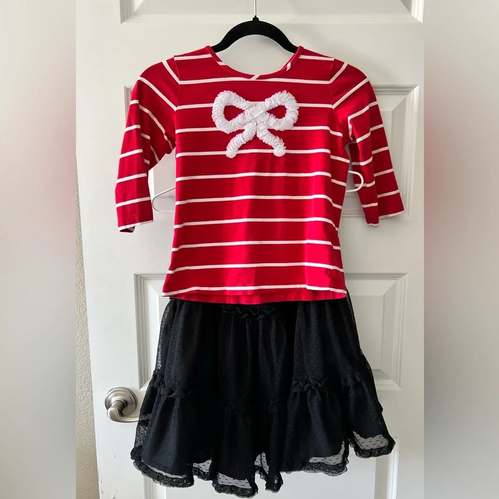 Hanna Andersson red and white striped shirt and black tulle skirt Size 8 - Picture 1 of 13